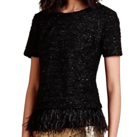 Ann Taylor Tops - Ann Taylor Black Sequin Short Sleeve Feather Trim Round Neck Shirt Top Size XS